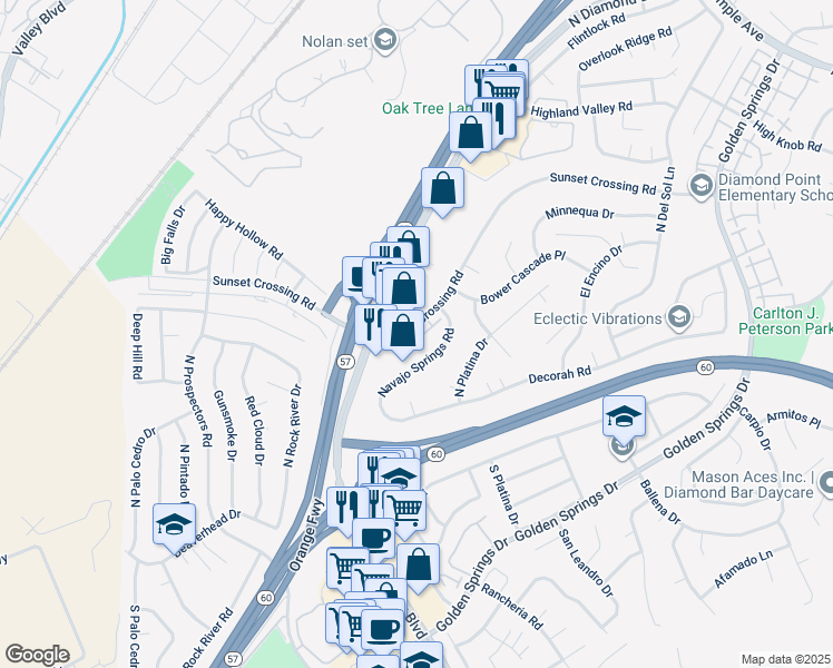 map of restaurants, bars, coffee shops, grocery stores, and more near 23440 Sunset Crossing Road in Diamond Bar