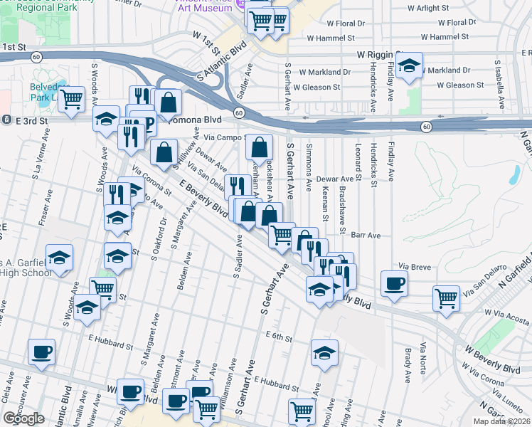 map of restaurants, bars, coffee shops, grocery stores, and more near 348 Twickenham Avenue in East Los Angeles