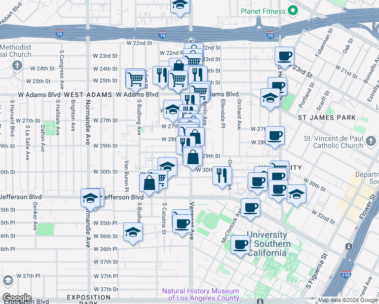 map of restaurants, bars, coffee shops, grocery stores, and more near in Los Angeles