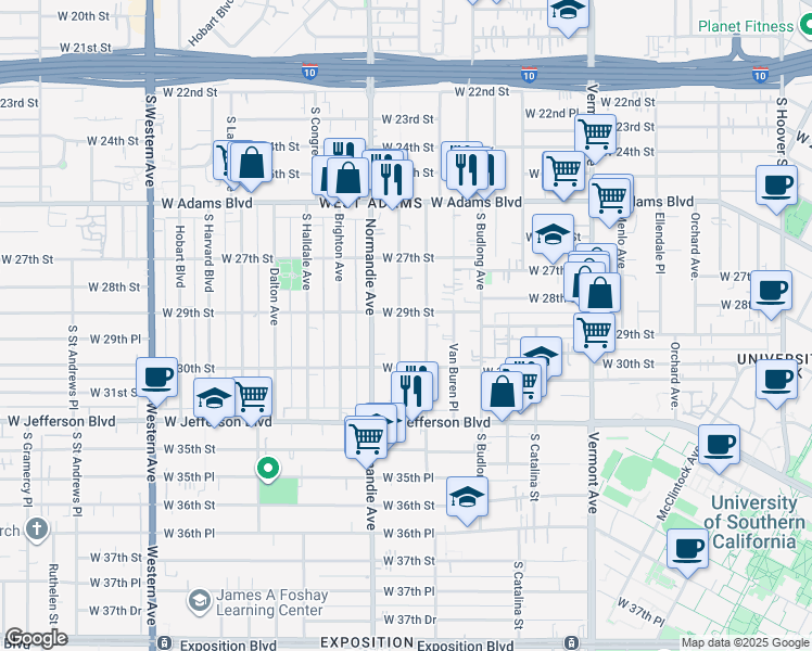 map of restaurants, bars, coffee shops, grocery stores, and more near 1650 West 29th Street in Los Angeles