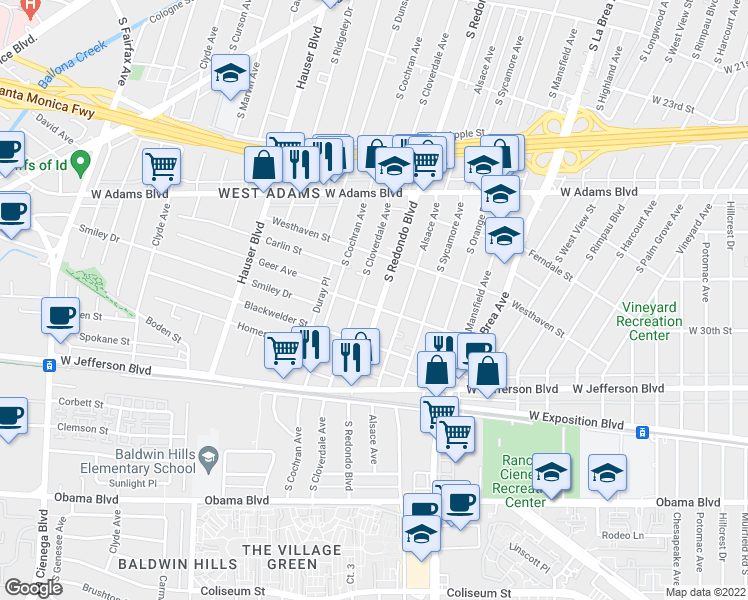 map of restaurants, bars, coffee shops, grocery stores, and more near 2738 South Redondo Boulevard in Los Angeles