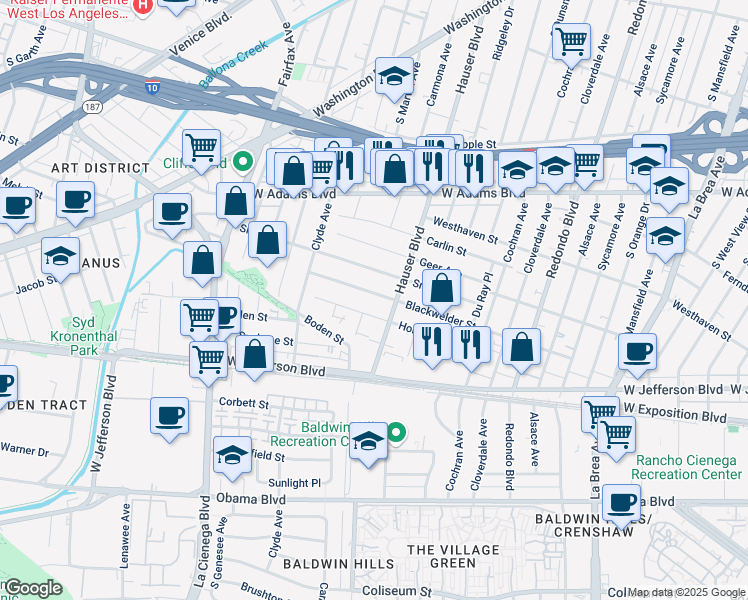 map of restaurants, bars, coffee shops, grocery stores, and more near 5527 Blackwelder Street in Los Angeles