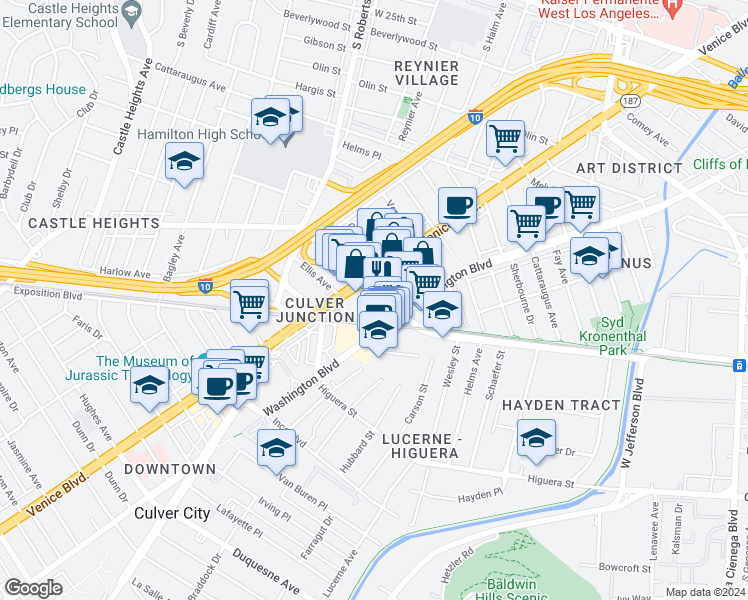 map of restaurants, bars, coffee shops, grocery stores, and more near 8908 Venice Boulevard in Culver City