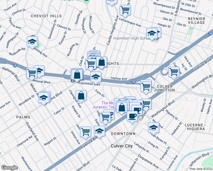 map of restaurants, bars, coffee shops, grocery stores, and more near 3605 Watseka Avenue in Los Angeles