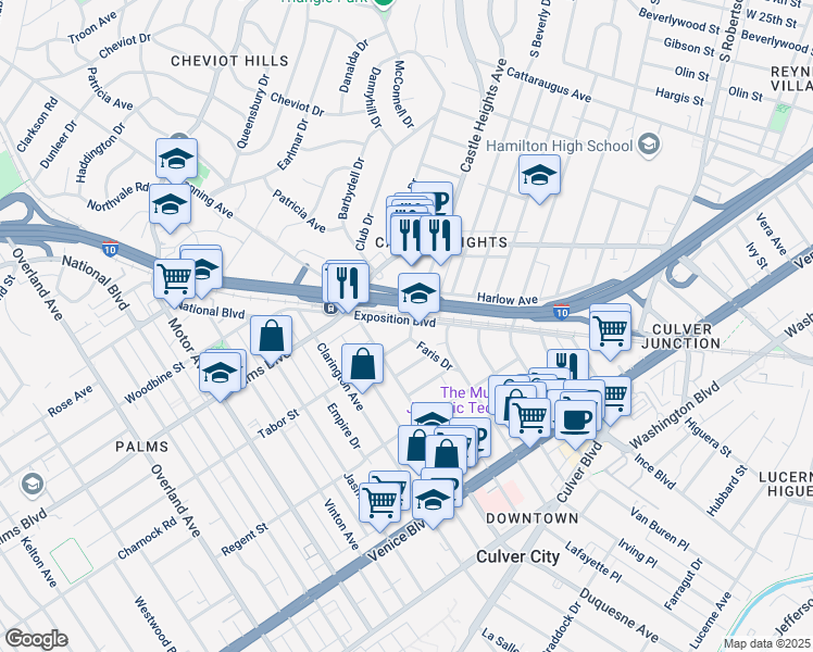 map of restaurants, bars, coffee shops, grocery stores, and more near 9801 Tabor Street in Los Angeles