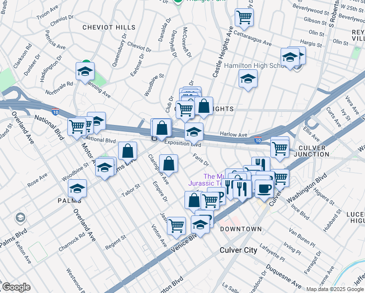 map of restaurants, bars, coffee shops, grocery stores, and more near 9801 Tabor Street in Los Angeles
