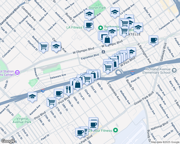 map of restaurants, bars, coffee shops, grocery stores, and more near 2111 South Centinela Avenue in Santa Monica