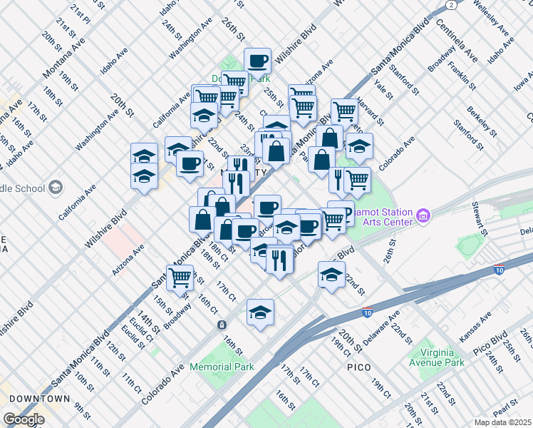 map of restaurants, bars, coffee shops, grocery stores, and more near 1445 21st Street in Santa Monica