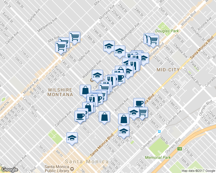 map of restaurants, bars, coffee shops, grocery stores, and more near 1128 16th Street in Santa Monica