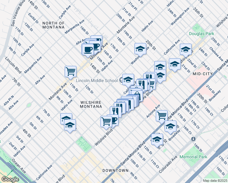 map of restaurants, bars, coffee shops, grocery stores, and more near 1501 California Avenue in Santa Monica