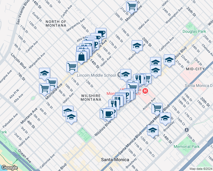 map of restaurants, bars, coffee shops, grocery stores, and more near 1314 Washington Avenue in Santa Monica