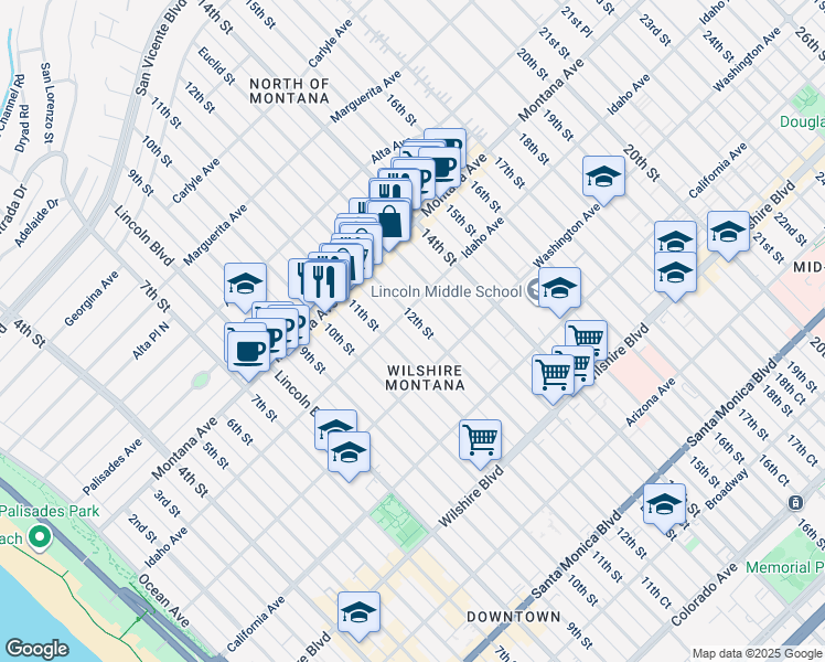 map of restaurants, bars, coffee shops, grocery stores, and more near 1130 Idaho Avenue in Santa Monica