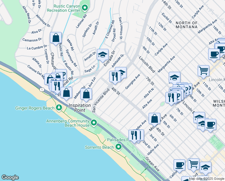 map of restaurants, bars, coffee shops, grocery stores, and more near in Santa Monica