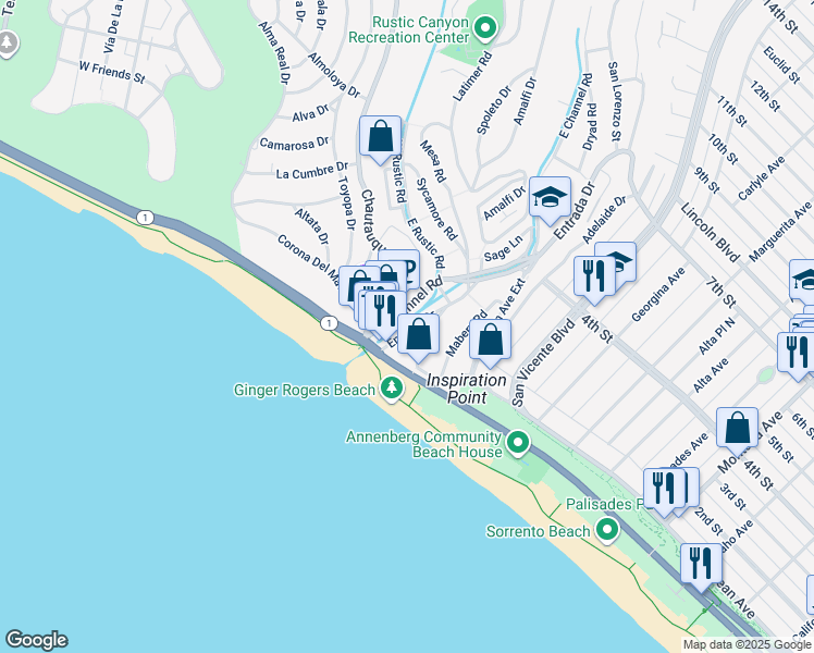 map of restaurants, bars, coffee shops, grocery stores, and more near 160 West Channel Road in Santa Monica