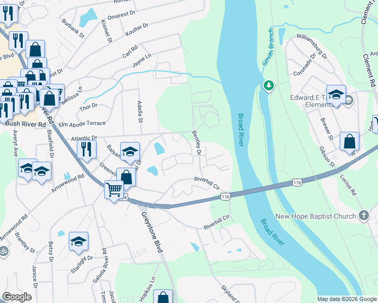 map of restaurants, bars, coffee shops, grocery stores, and more near 1000 Bentley Court in Columbia