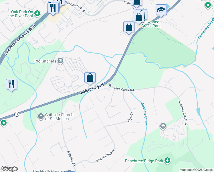 map of restaurants, bars, coffee shops, grocery stores, and more near 3534 Chelsea Falls Lane in Suwanee