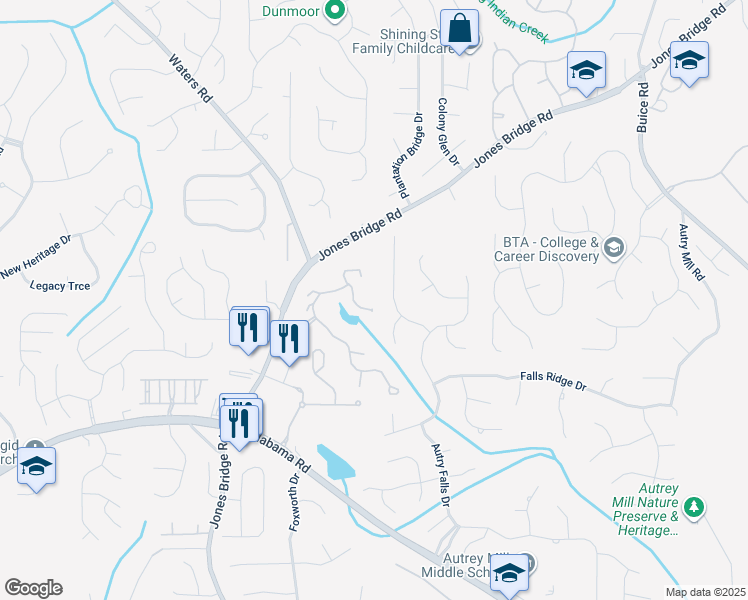map of restaurants, bars, coffee shops, grocery stores, and more near 10370 High Falls Circle in Alpharetta