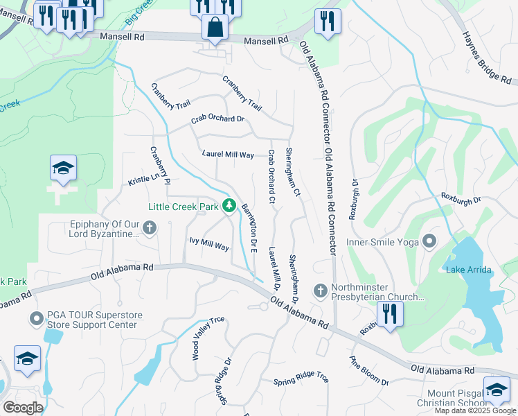 map of restaurants, bars, coffee shops, grocery stores, and more near 119 Laurel Mill Court in Roswell