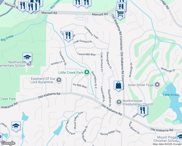 map of restaurants, bars, coffee shops, grocery stores, and more near 270 Barrington Drive West in Roswell