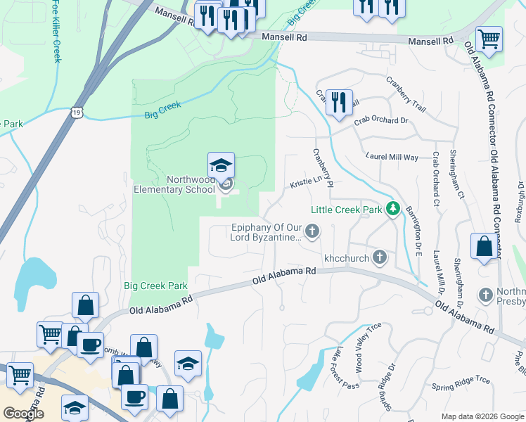 map of restaurants, bars, coffee shops, grocery stores, and more near 115 Kimlie Court in Roswell