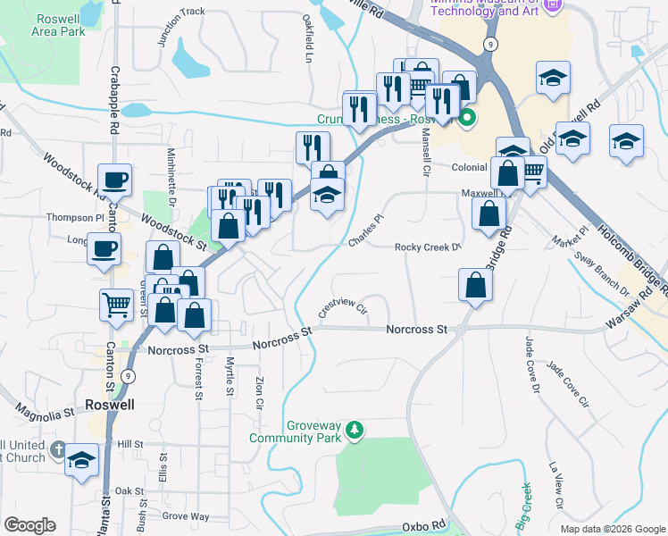 map of restaurants, bars, coffee shops, grocery stores, and more near 317 Charles Place in Roswell