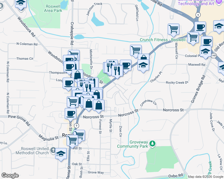 map of restaurants, bars, coffee shops, grocery stores, and more near 110 Independence Way in Roswell
