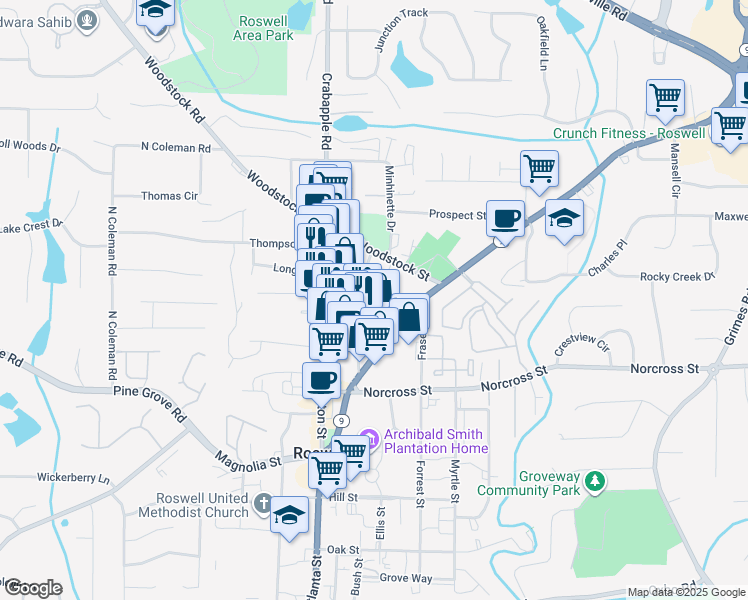 map of restaurants, bars, coffee shops, grocery stores, and more near 1122 Green Street in Roswell