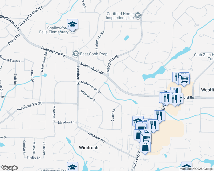 map of restaurants, bars, coffee shops, grocery stores, and more near 4074 Shallowford Road in Marietta