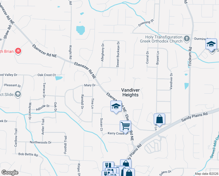 map of restaurants, bars, coffee shops, grocery stores, and more near 2031 Shadowood Drive in Marietta