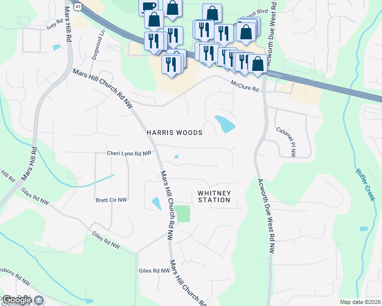 map of restaurants, bars, coffee shops, grocery stores, and more near 4620 Stewart Reilly Drive in Acworth