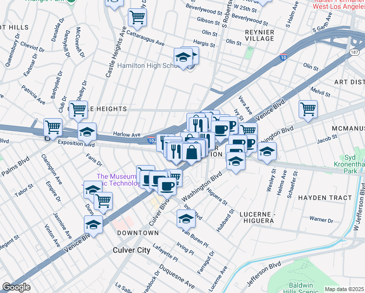 map of restaurants, bars, coffee shops, grocery stores, and more near 3383 Robertson Place in Los Angeles