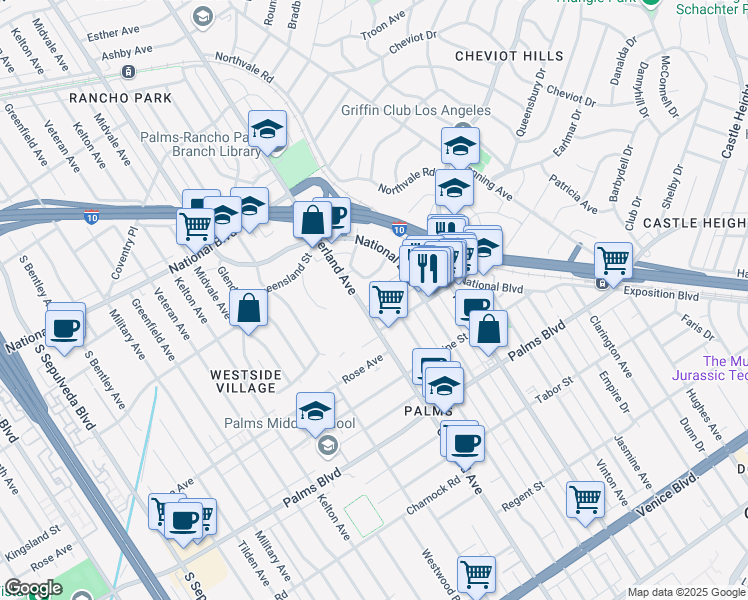 map of restaurants, bars, coffee shops, grocery stores, and more near 3244 Overland Avenue in Los Angeles