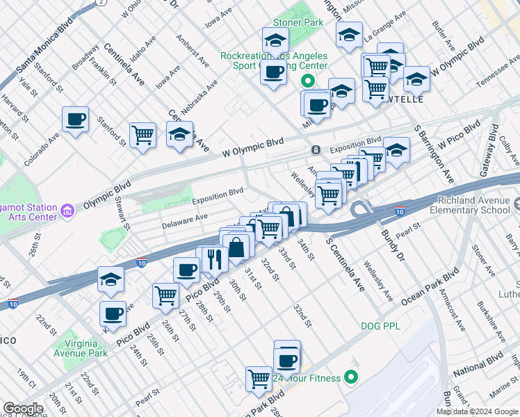 map of restaurants, bars, coffee shops, grocery stores, and more near 3329 Virginia Avenue in Santa Monica