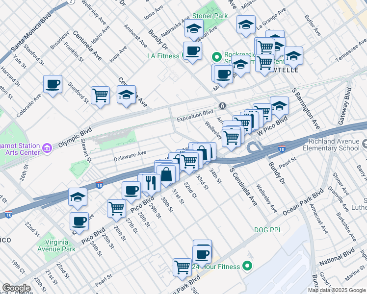 map of restaurants, bars, coffee shops, grocery stores, and more near 3329 Virginia Avenue in Santa Monica