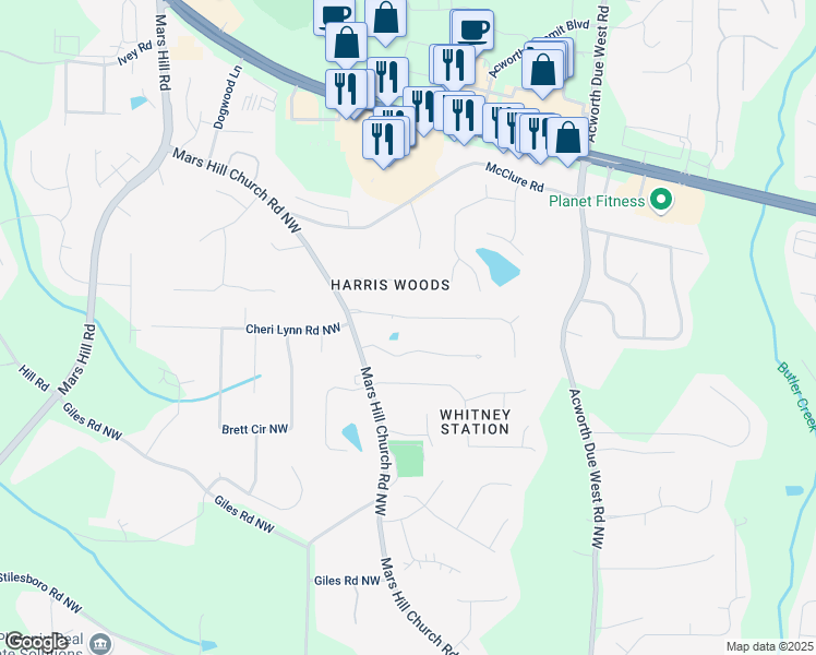 map of restaurants, bars, coffee shops, grocery stores, and more near 4620 Stewart Reilly Drive in Acworth