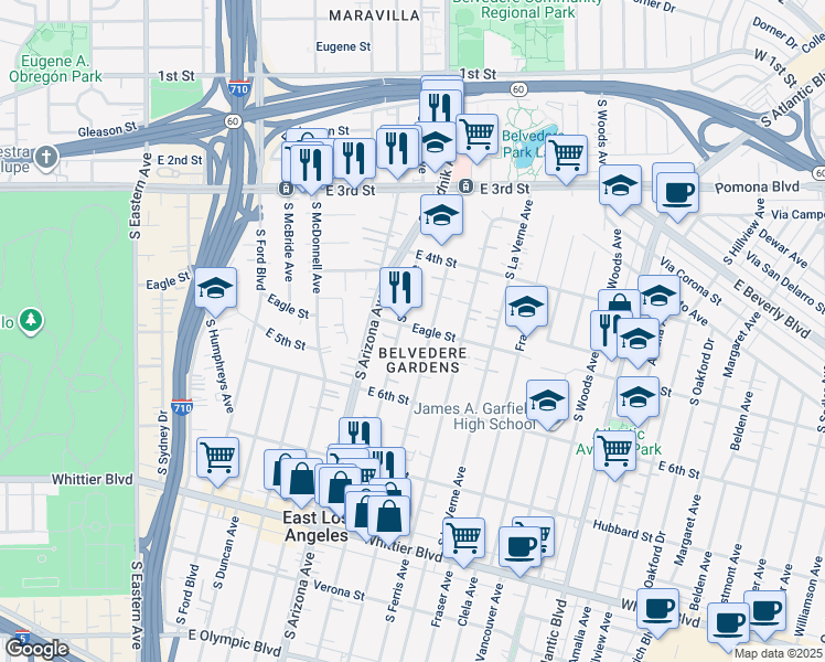 map of restaurants, bars, coffee shops, grocery stores, and more near 4742 Eagle Street in East Los Angeles