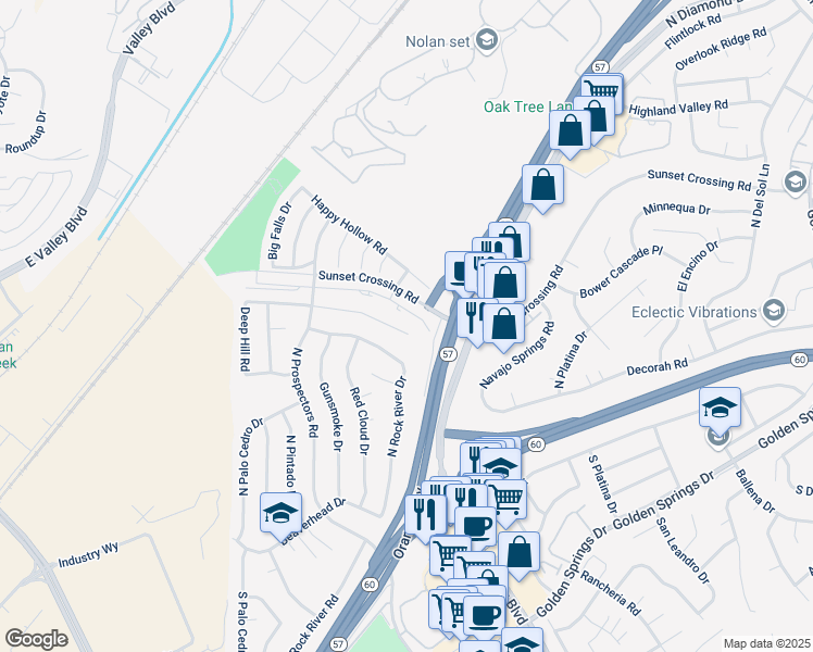 map of restaurants, bars, coffee shops, grocery stores, and more near 23031 Dry Creek Road in Diamond Bar