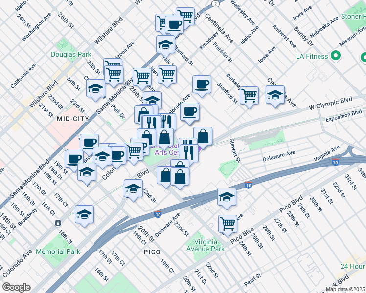 map of restaurants, bars, coffee shops, grocery stores, and more near 1681 26th Street in Santa Monica