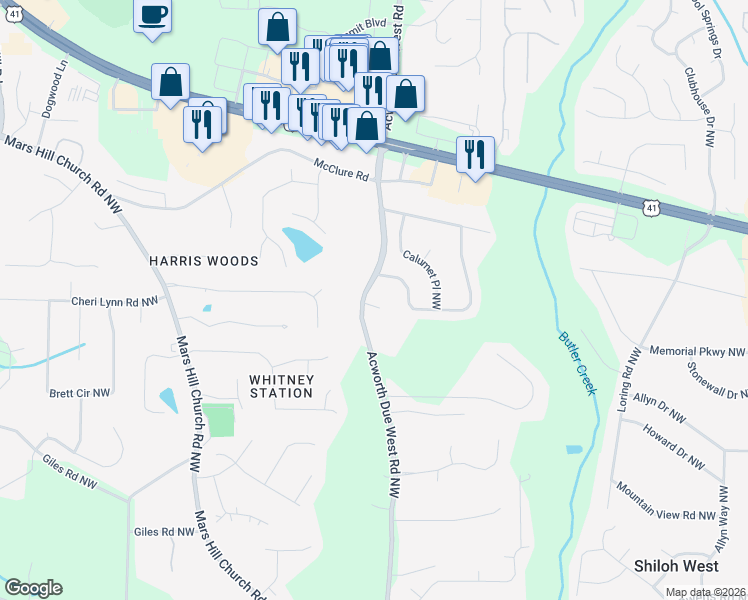 map of restaurants, bars, coffee shops, grocery stores, and more near 3001 Northwest Court in Kennesaw