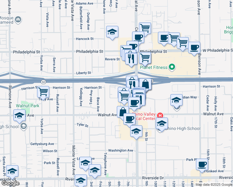 map of restaurants, bars, coffee shops, grocery stores, and more near 12351 Marshall Avenue in Chino