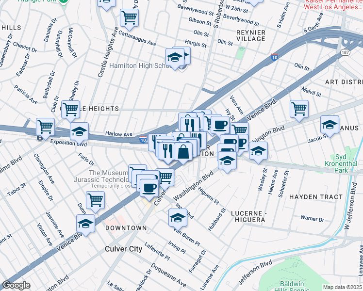 map of restaurants, bars, coffee shops, grocery stores, and more near 3390 Robertson Place in Los Angeles