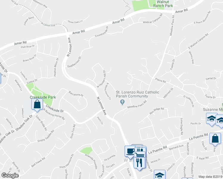 map of restaurants, bars, coffee shops, grocery stores, and more near 19852 East Round Hill Lane in Walnut