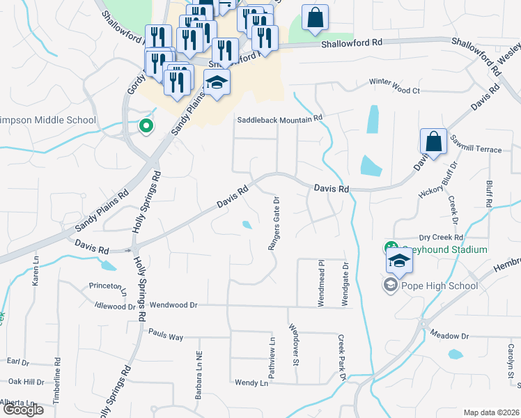 map of restaurants, bars, coffee shops, grocery stores, and more near 3086 Aberdeen Court in Marietta