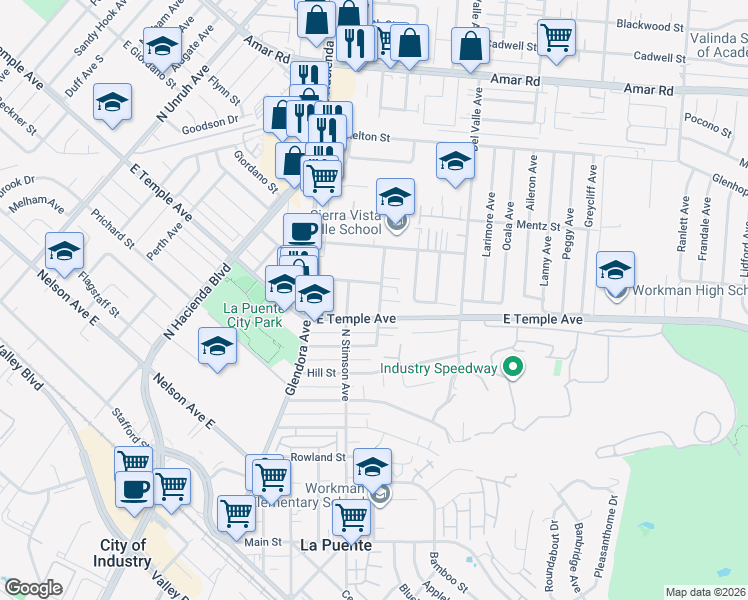 map of restaurants, bars, coffee shops, grocery stores, and more near 633 North 5th Street in La Puente
