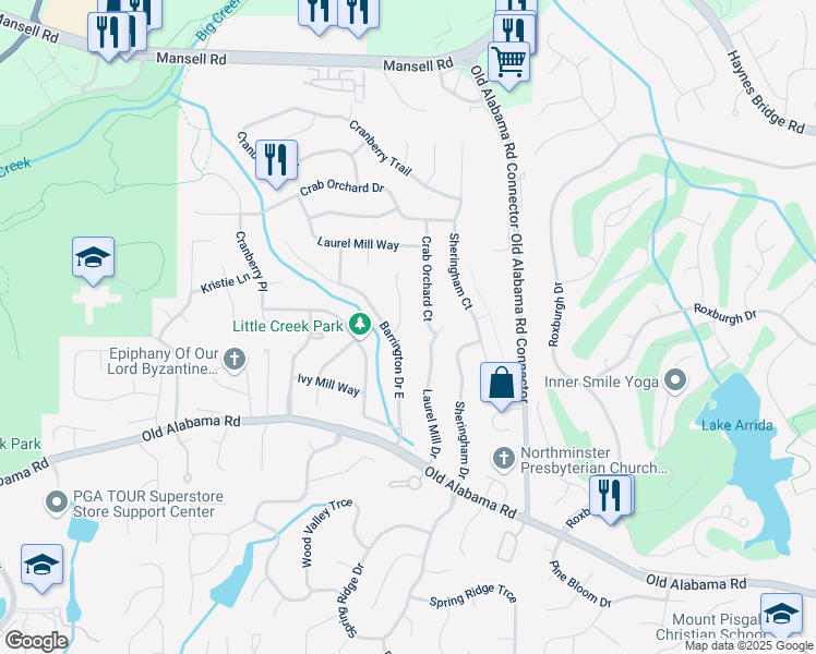 map of restaurants, bars, coffee shops, grocery stores, and more near 119 Laurel Mill Court in Roswell