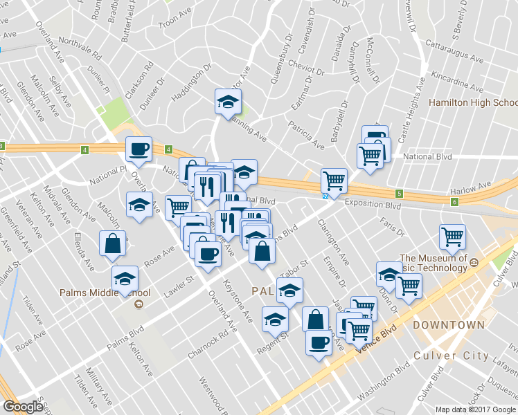map of restaurants, bars, coffee shops, grocery stores, and more near 3380 Vinton Avenue in Los Angeles