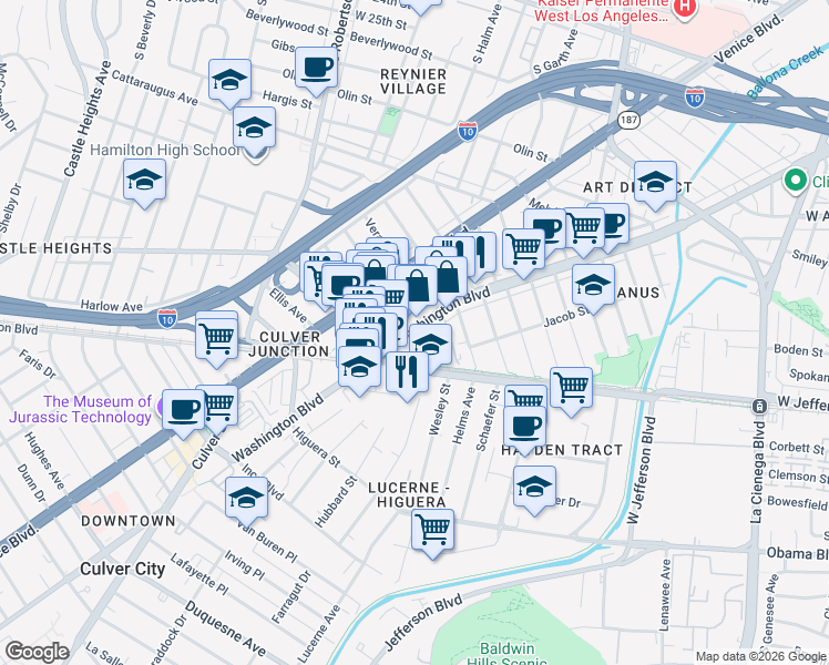 map of restaurants, bars, coffee shops, grocery stores, and more near 3035 Wesley Street in Culver City
