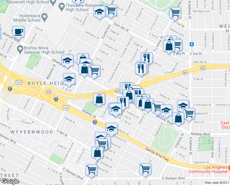 map of restaurants, bars, coffee shops, grocery stores, and more near 3331 1/2 Whittier Boulevard in Los Angeles