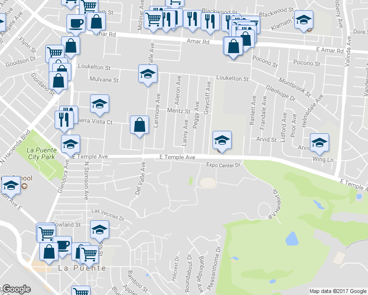 map of restaurants, bars, coffee shops, grocery stores, and more near 19510 Cambay Street in La Puente