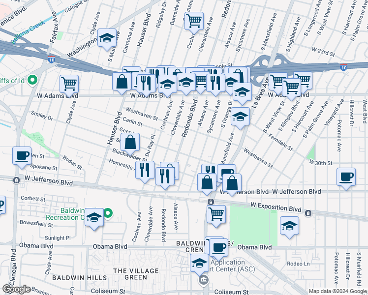 map of restaurants, bars, coffee shops, grocery stores, and more near 2744 Redondo Boulevard in Los Angeles